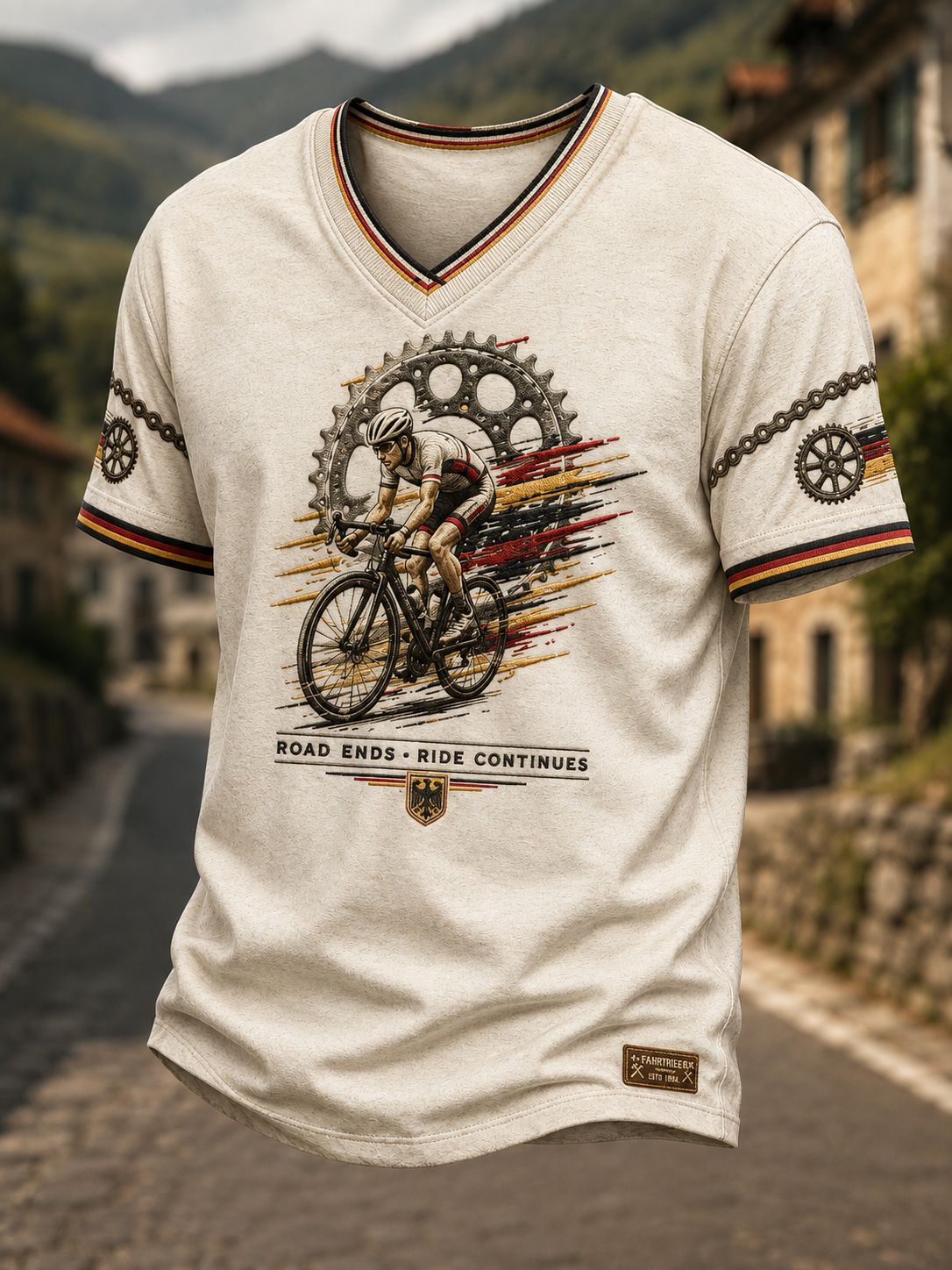 Herren-T-Shirt mit V-Ausschnitt im Stil der deutschen Radfahrerkultur