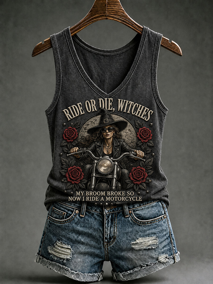 Damenweste mit Halloween-Druck „Mein Besen ist kaputt, also fahre ich jetzt Motorrad“ – Hexen-Design
