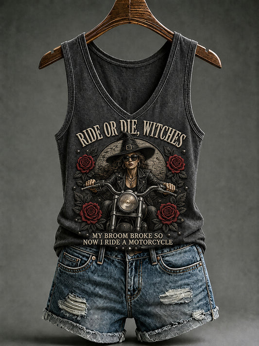 Damenweste mit Halloween-Druck „Mein Besen ist kaputt, also fahre ich jetzt Motorrad“ – Hexen-Design