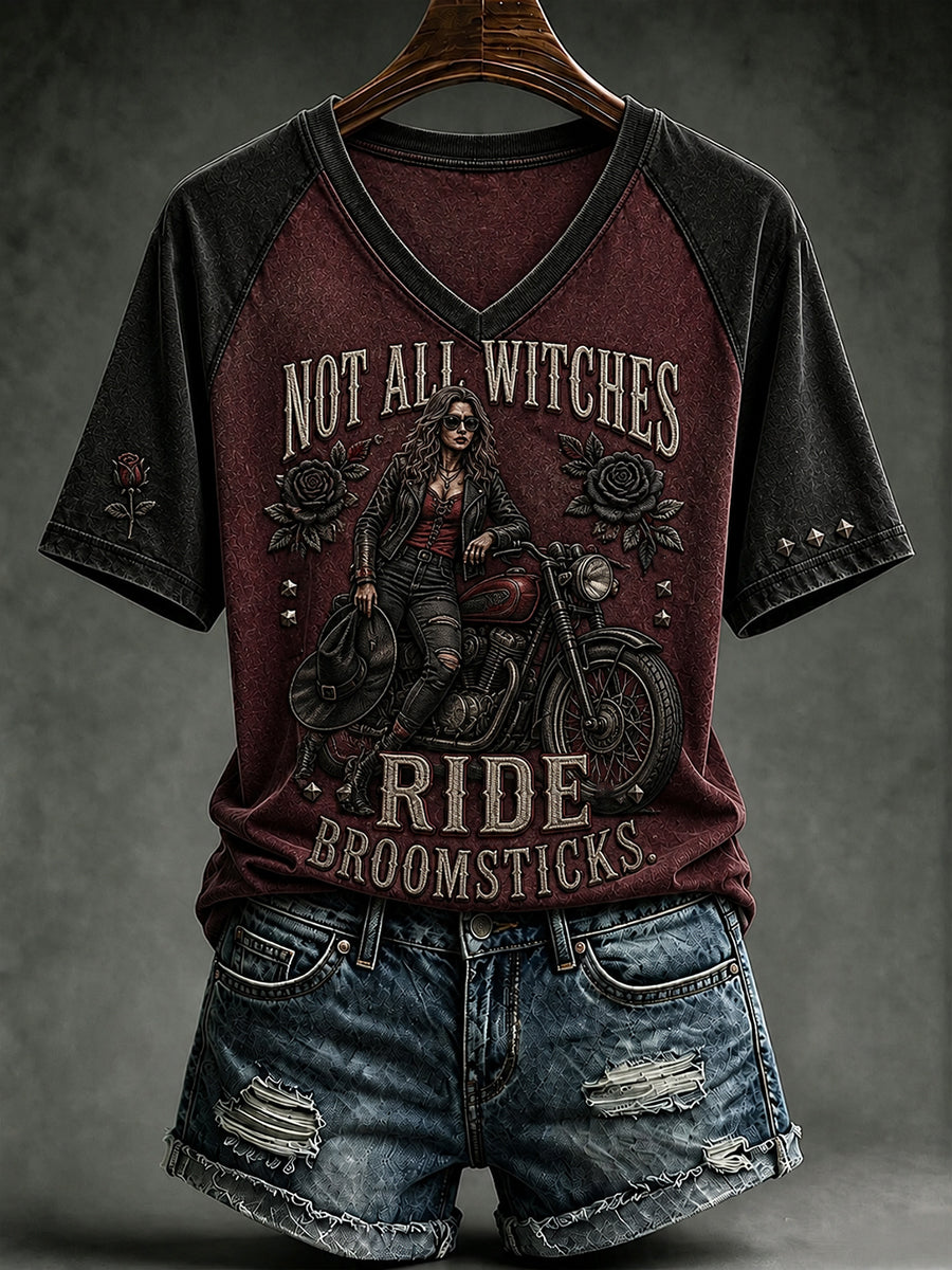 Frauen nicht alle Hexen reiten Besenstiele Druck T-Shirt mit V-Ausschnitt
