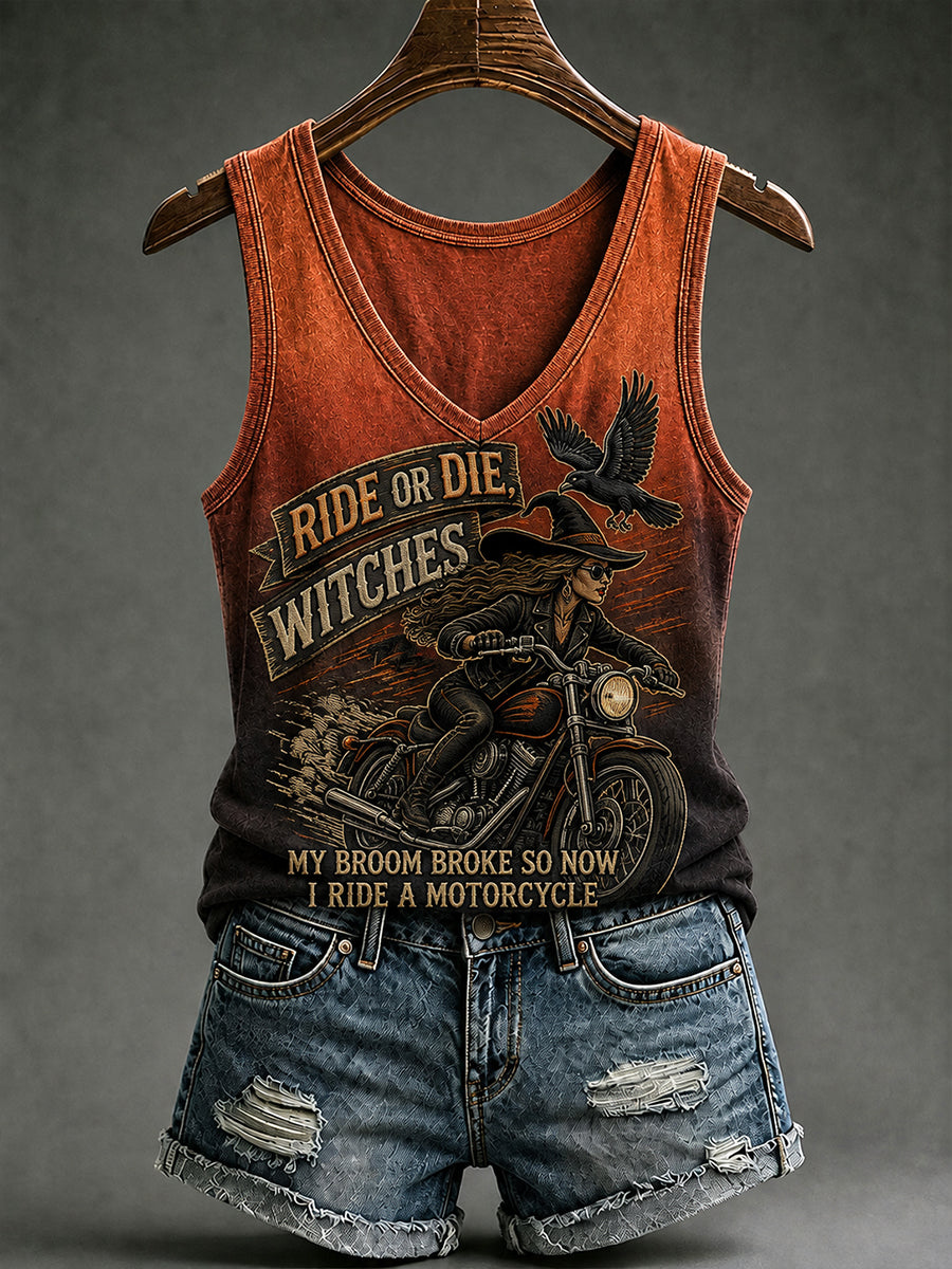 Damenweste mit Halloween-Druck „Mein Besen ist kaputt, also fahre ich jetzt Motorrad“ – Hexen-Design
