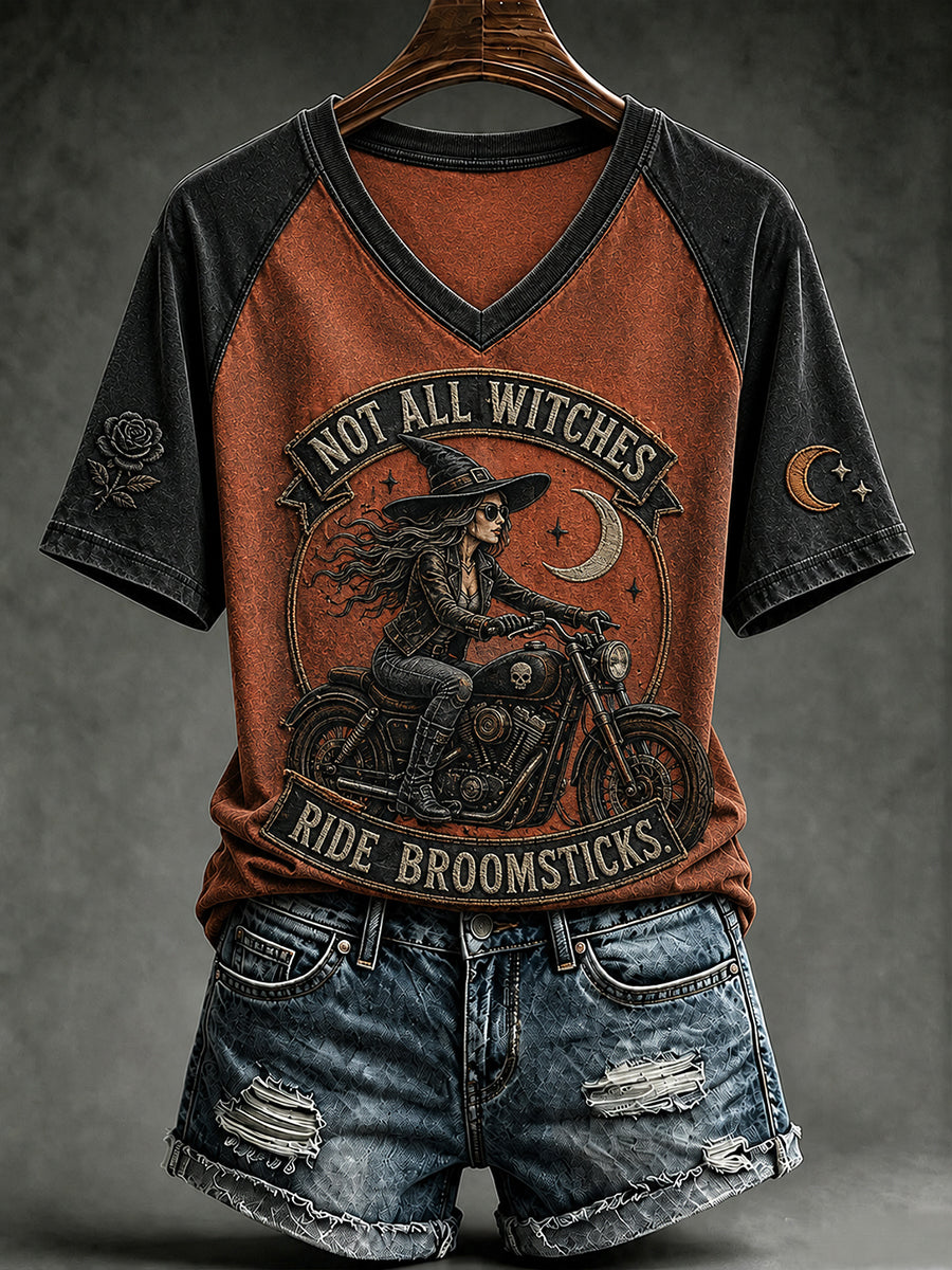 Frauen NICHT ALLE WITCHES FAHREN BROOMS TICKS Print T-Shirt mit V-Ausschnitt