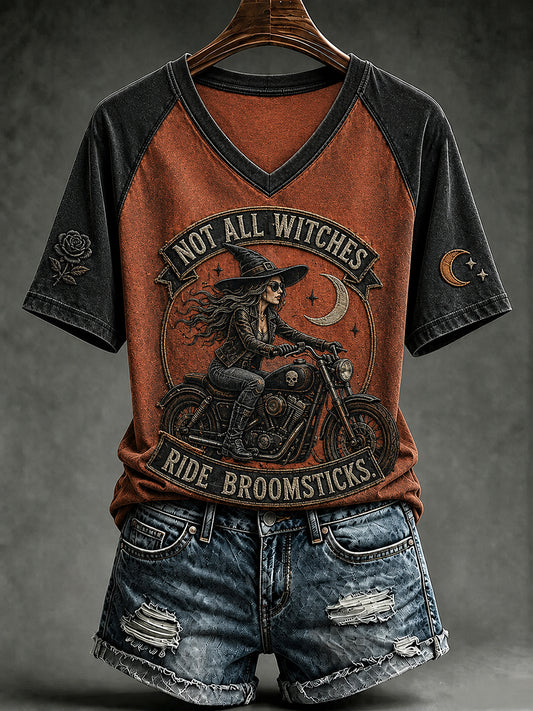 Frauen NICHT ALLE WITCHES FAHREN BROOMS TICKS Print T-Shirt mit V-Ausschnitt