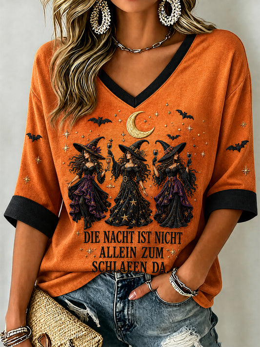 Damen-Halloween-T-Shirt mit Aufdruck „DIE NACHT IST NICHT ALLEIN ZUM SCHLAFEN DA“