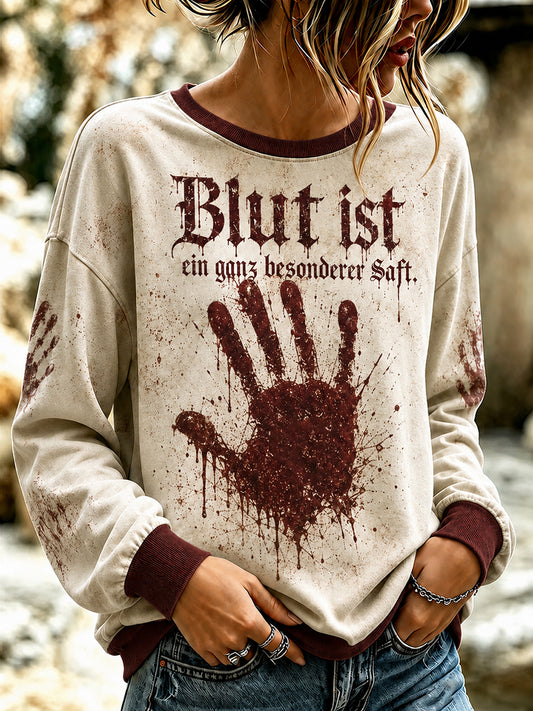 Damen-Sweatshirt mit Halloween-Print „BLUT IST EIN GANZ BESONDRER SAFT“