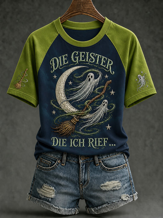 Damen-T-Shirt mit Halloween-Print „DIE GEISTER, DIE ICH RIEF“