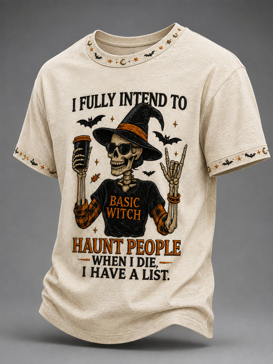 Herren-Funny-Halloween-T-Shirt mit Totenkopf und Hexe – „Ich habe fest vor, nach meinem Tod den Leuten das Fürchten zu lehren. Ich habe eine Liste.“ Lässiges Print‑T‑Shirt