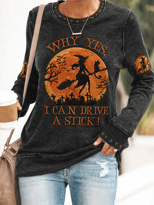 Frauen-Freizeit-Sweatshirt mit witzigem Halloween-Hexen-Print: „Na klar, ich kann sogar Schaltwagen fahren“