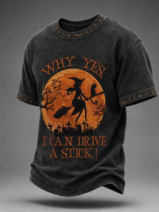 Lustiges Herren-Halloween-T-Shirt mit Hexenmotiv und dem Spruch „Warum, ja, eigentlich kann ich auch Schaltwagen fahren“ – lässiges Freizeit‑T‑Shirt
