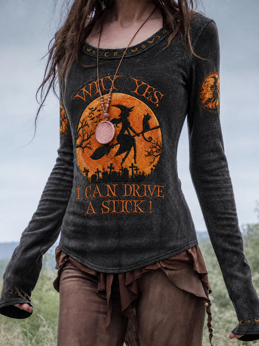 Frauen-Funny-Halloween-Hexe Warum, ja, tatsächlich kann ich Schaltgetriebe fahren – bedrucktes lässiges Langarm-T-Shirt