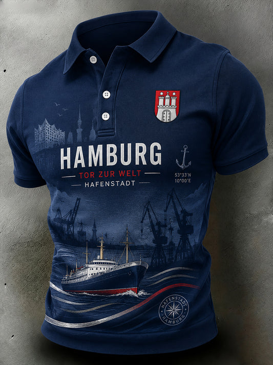 Herren-Poloshirt mit kurzen Ärmeln und urbanem, erinnerungsträchtigem Grafikdruck
