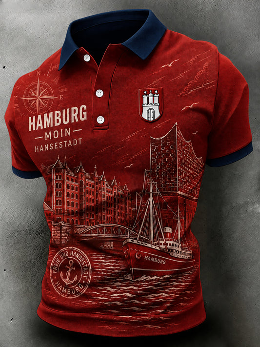 Herren-Poloshirt mit kurzen Ärmeln und urbanem, erinnerungsträchtigem Grafikdruck