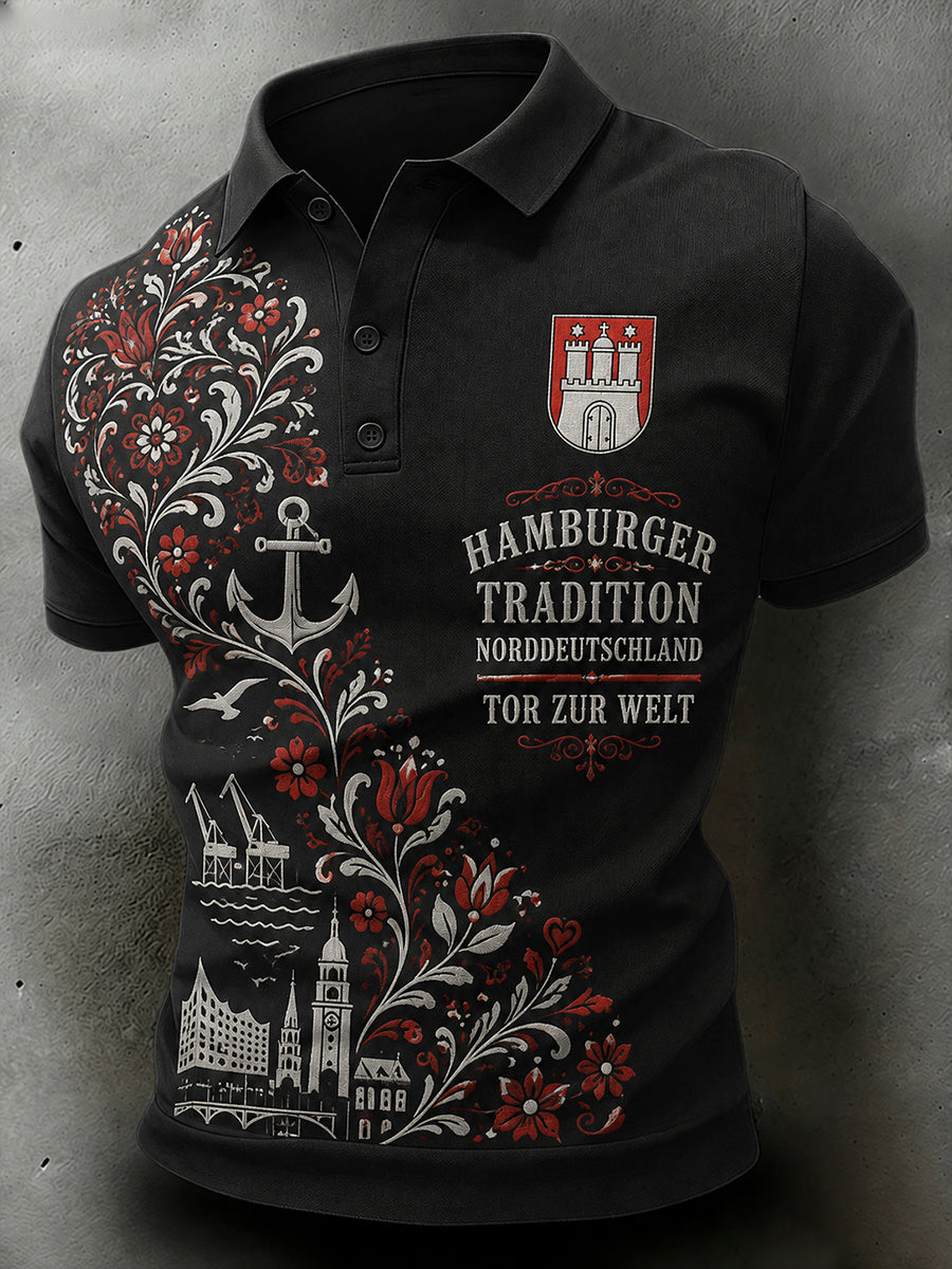 Herren-Poloshirt mit kurzen Ärmeln und urbanem, erinnerungsträchtigem Grafikdruck