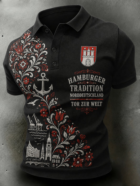 Herren-Poloshirt mit kurzen Ärmeln und urbanem, erinnerungsträchtigem Grafikdruck