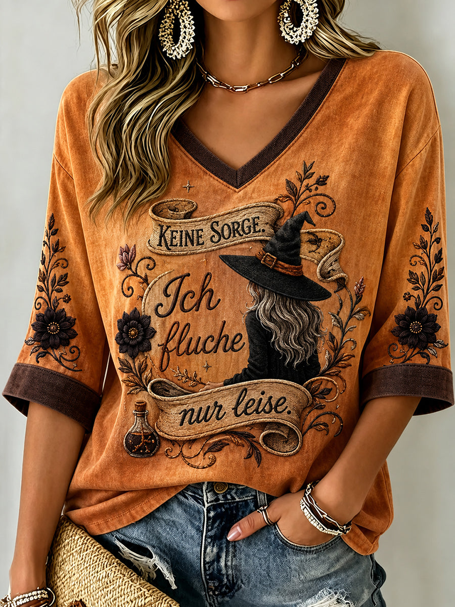 Damen-Halloween-T-Shirt mit mittellangen Ärmeln und V-Ausschnitt, bedruckt