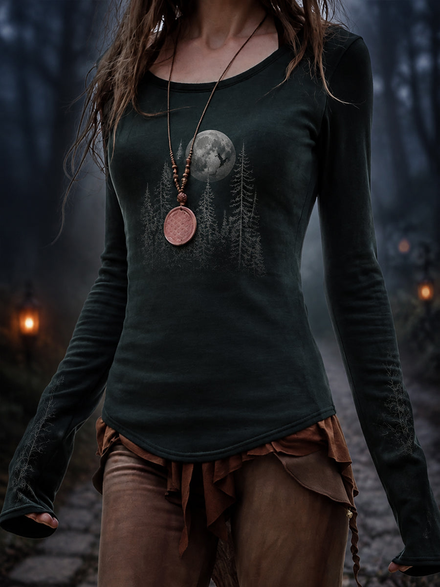 Damen-Halloween-T-Shirt mit Waldmuster und langen Ärmeln