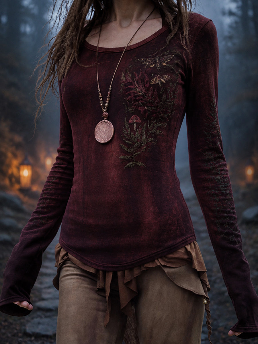 Damen-Halloween-T-Shirt mit Waldmuster und langen Ärmeln