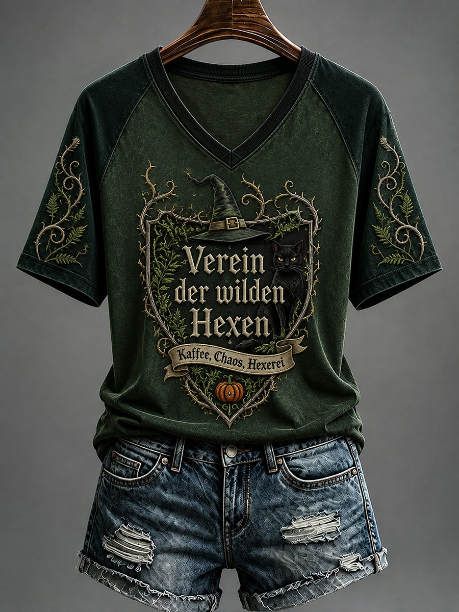 Damen-Halloween-T-Shirt mit Hexen-Print und V-Ausschnitt