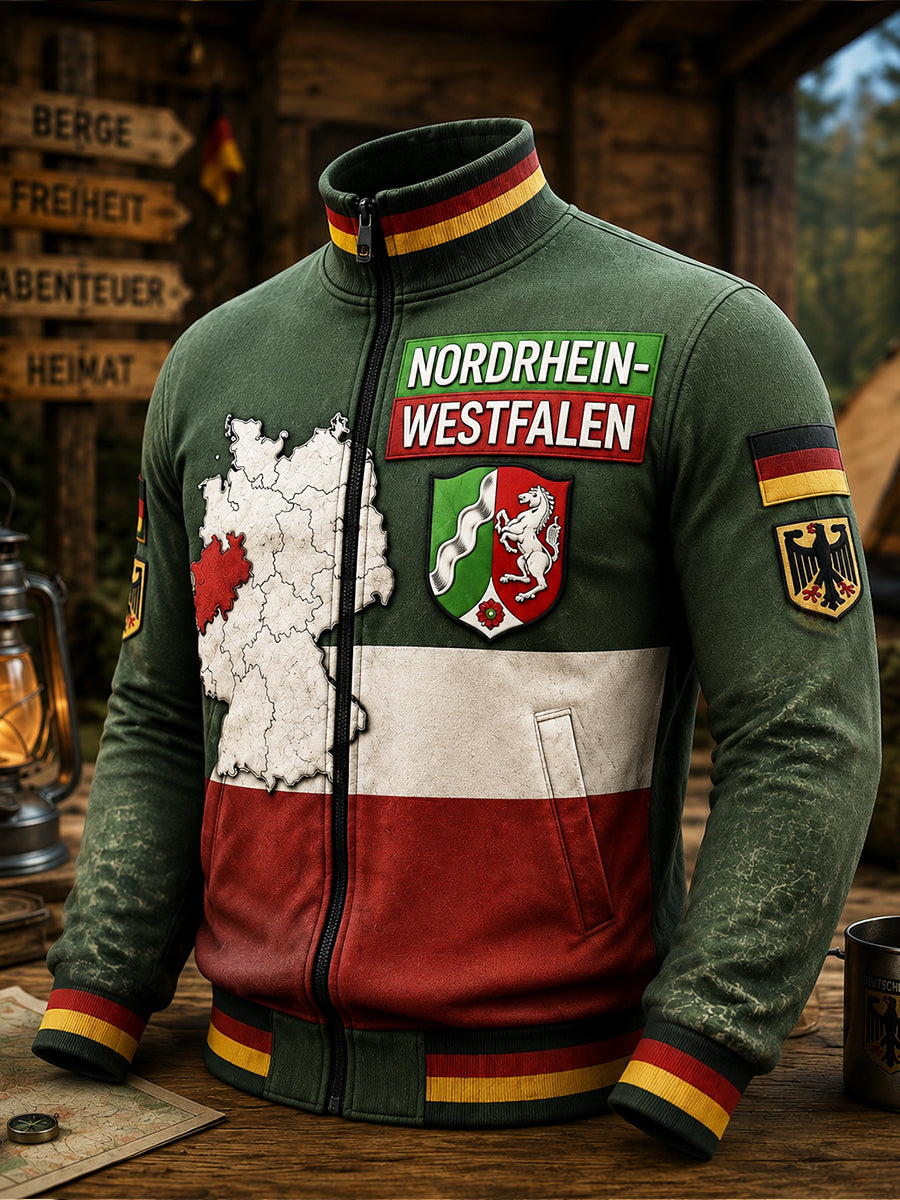 Herren-Jacke im Vintage-Stil mit deutschem Nordrhein-Emblem, Patchwork-Print und Reißverschluss für den Alltag
