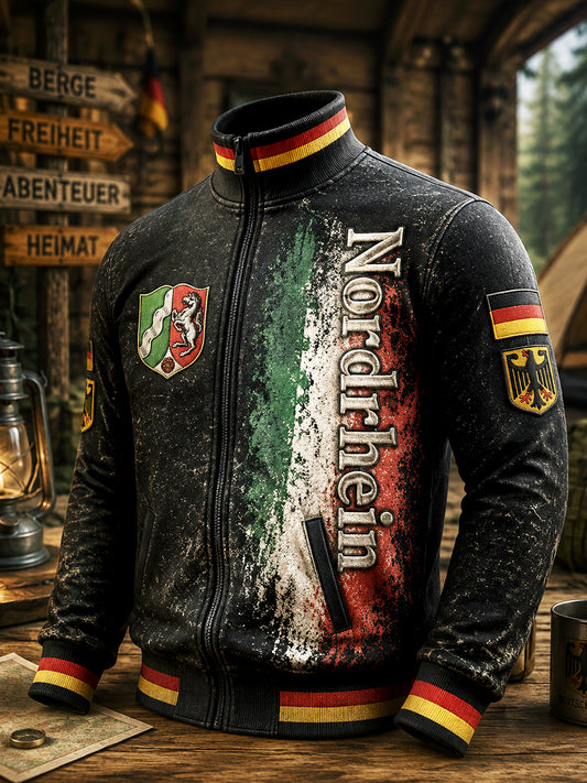 Herren-Vintage-Schwarz-Deutschland-Nordrhein-Westfalen-bedruckte lässige Reißverschlussjacke