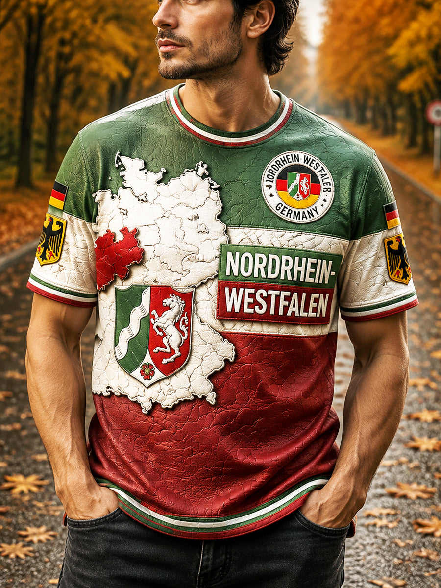 Herren-Retro-T-Shirt im deutschen Nordrhein-Stil mit Patchwork-Print, lässig geschnitten