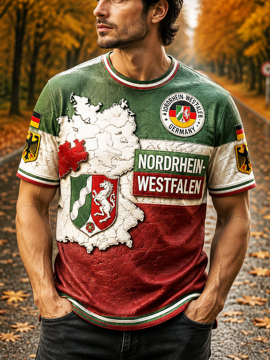 Herren-Retro-T-Shirt im deutschen Nordrhein-Stil mit Patchwork-Print, lässig geschnitten