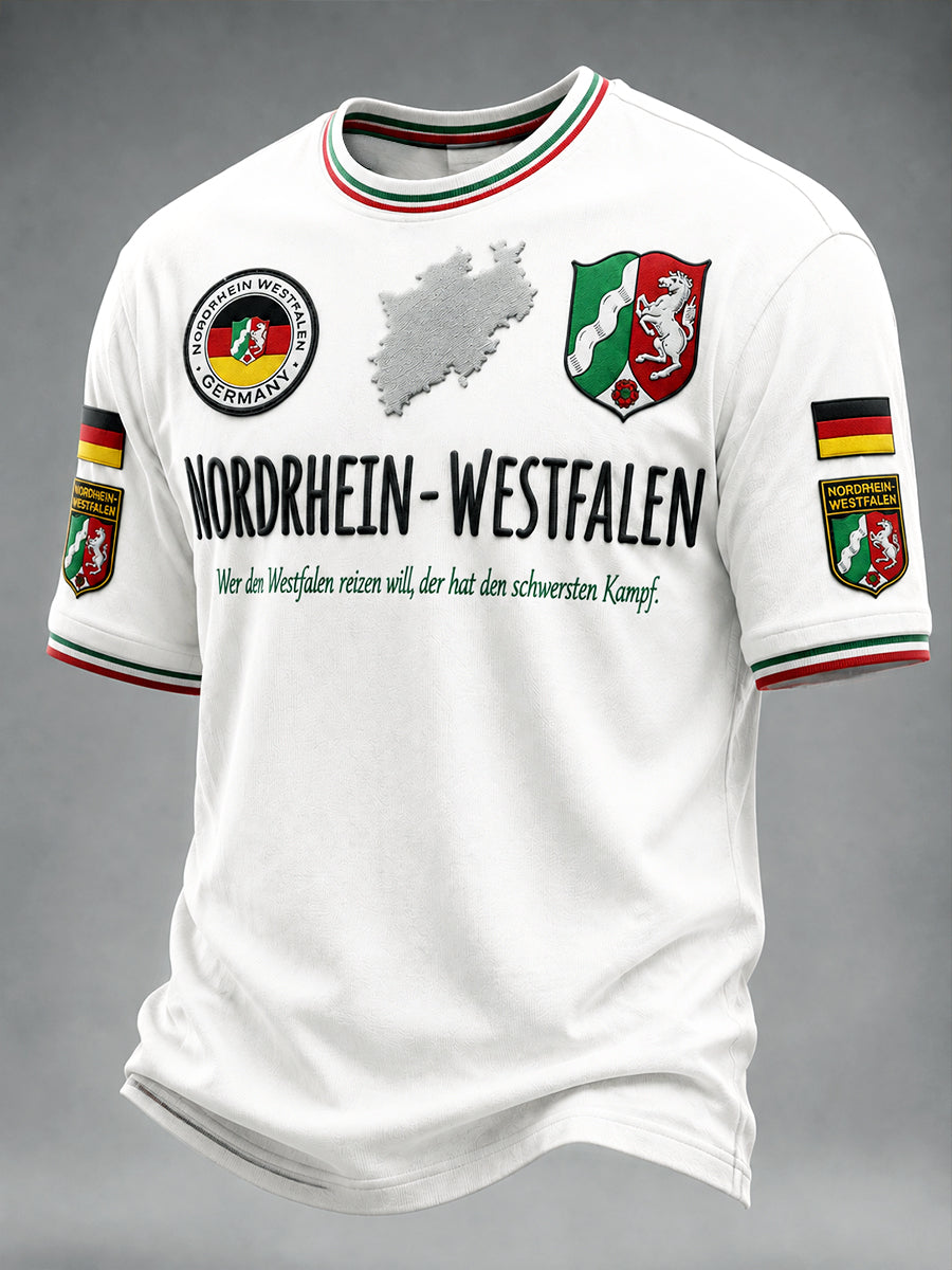 Herren-weißes, bedrucktes Freizeit-T-Shirt im deutschen Nordrhein-Stil