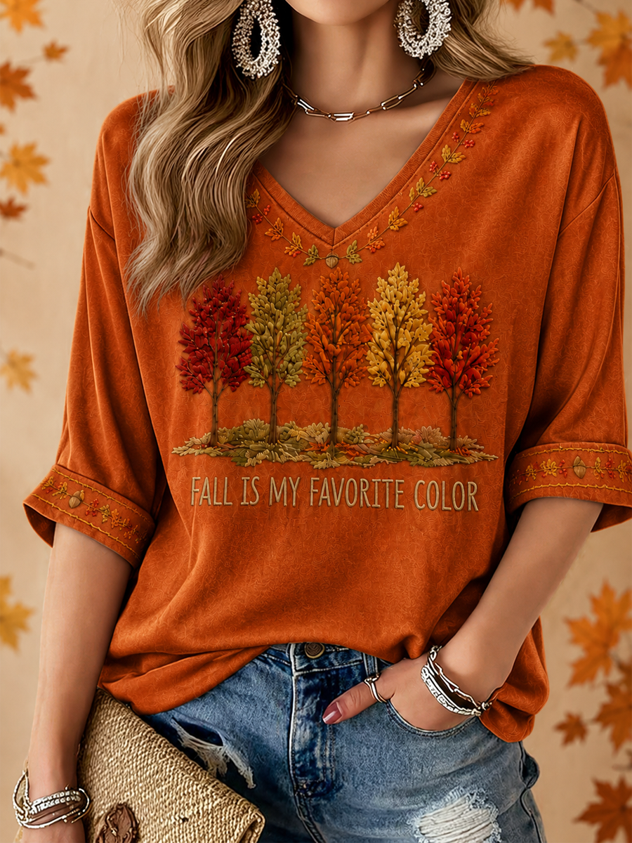 Damen Herbst ist meine Lieblings farbe bedruckt Mittellänge Ärmel V-Ausschnitt T-Shirt