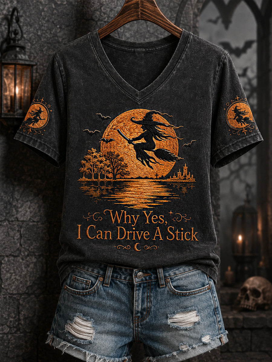 Frauen‑Lustiges Halloween‑Hexen‑Warum, ja, tatsächlich kann ich Schaltgetriebe fahren – bedrucktes Freizeit‑V‑Ausschnitt‑T‑Shirt