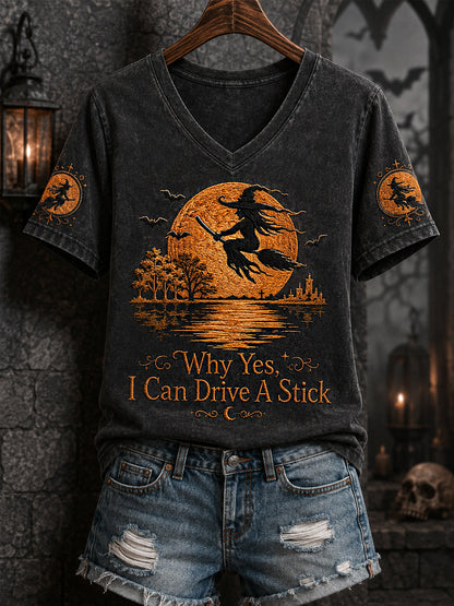 Frauen‑Lustiges Halloween‑Hexen‑Warum, ja, tatsächlich kann ich Schaltgetriebe fahren – bedrucktes Freizeit‑V‑Ausschnitt‑T‑Shirt
