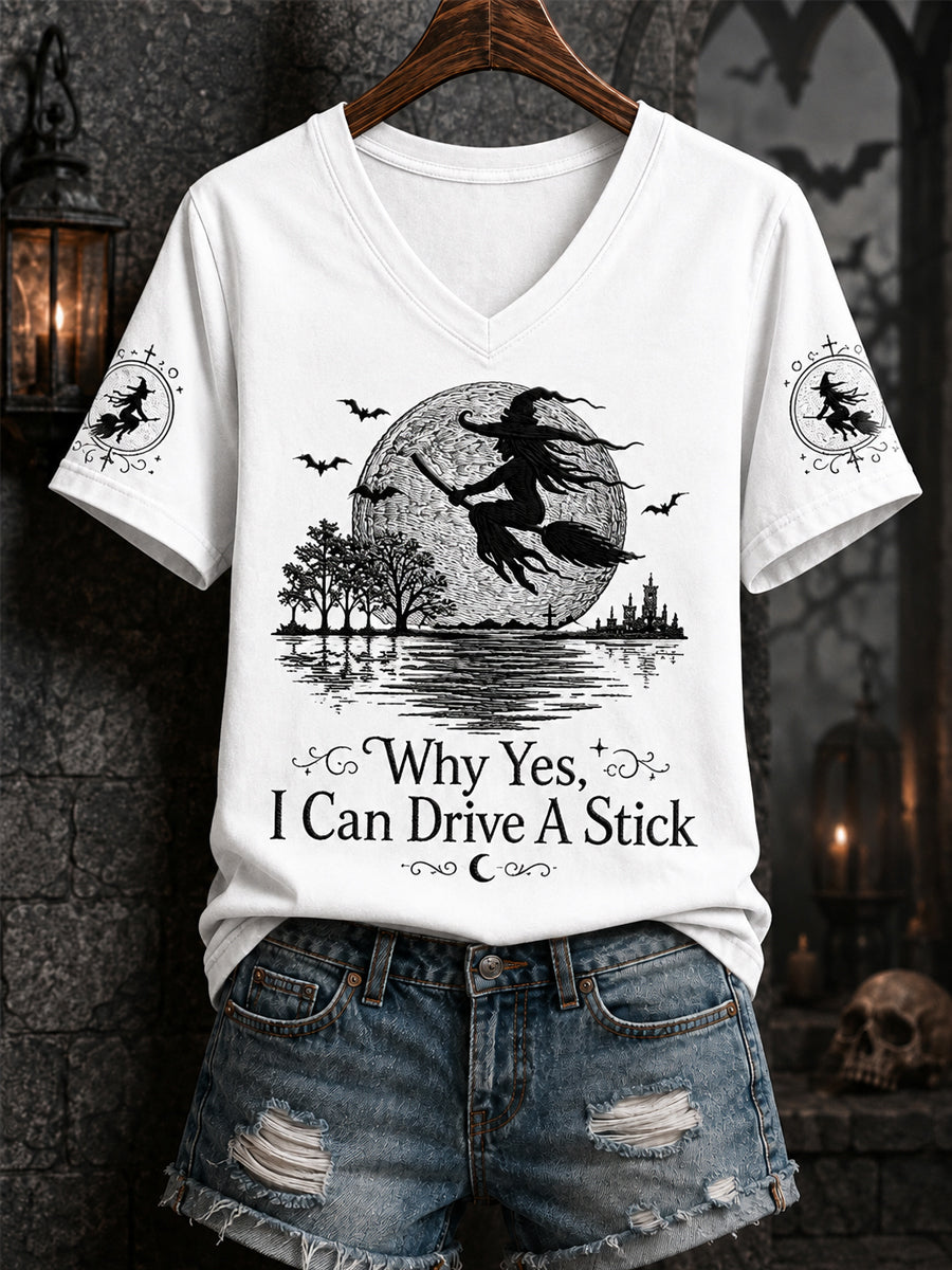 Frauen‑Lustiges Halloween‑Hexen‑Warum, ja, tatsächlich kann ich Schaltgetriebe fahren – bedrucktes Freizeit‑V‑Ausschnitt‑T‑Shirt