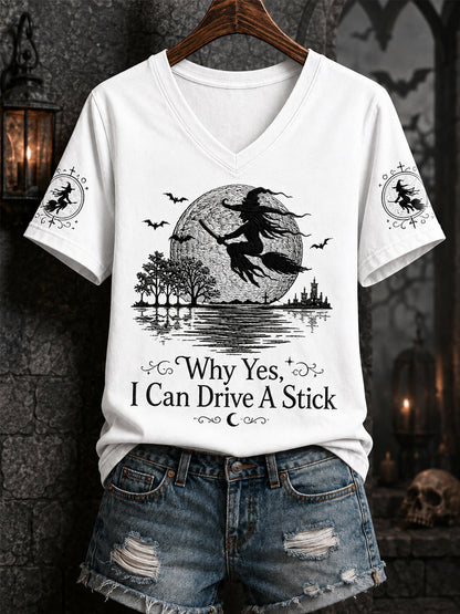 Frauen‑Lustiges Halloween‑Hexen‑Warum, ja, tatsächlich kann ich Schaltgetriebe fahren – bedrucktes Freizeit‑V‑Ausschnitt‑T‑Shirt