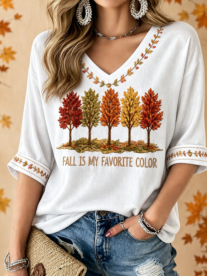 Damen Herbst ist meine Lieblings farbe bedruckt Mittellänge Ärmel V-Ausschnitt T-Shirt