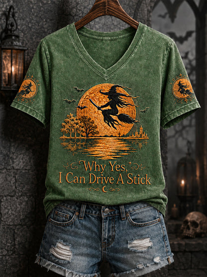 Frauen‑Lustiges Halloween‑Hexen‑Warum, ja, tatsächlich kann ich Schaltgetriebe fahren – bedrucktes Freizeit‑V‑Ausschnitt‑T‑Shirt