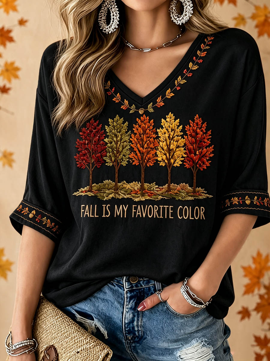 Damen Herbst ist meine Lieblings farbe bedruckt Mittellänge Ärmel V-Ausschnitt T-Shirt