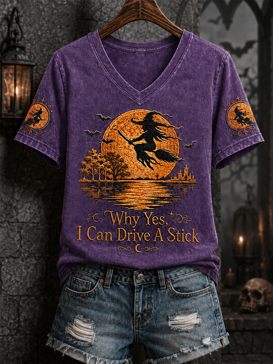 Frauen‑Lustiges Halloween‑Hexen‑Warum, ja, tatsächlich kann ich Schaltgetriebe fahren – bedrucktes Freizeit‑V‑Ausschnitt‑T‑Shirt