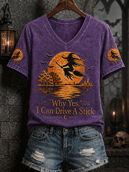 Frauen‑Lustiges Halloween‑Hexen‑Warum, ja, tatsächlich kann ich Schaltgetriebe fahren – bedrucktes Freizeit‑V‑Ausschnitt‑T‑Shirt