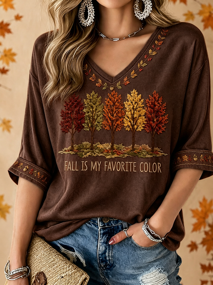 Damen Herbst ist meine Lieblings farbe bedruckt Mittellänge Ärmel V-Ausschnitt T-Shirt