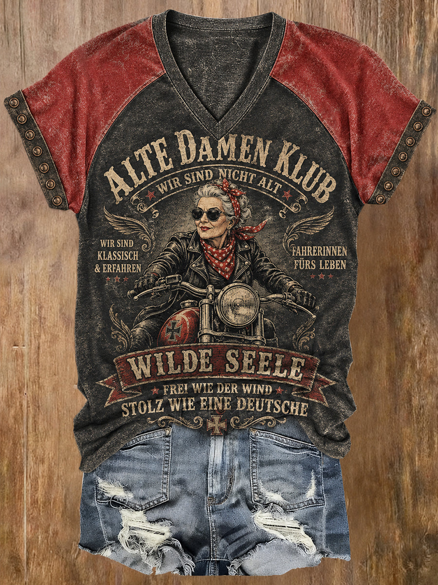 Damen-Vintage-T-Shirt mit Slogan-Print, Raglanärmeln und V-Ausschnitt
