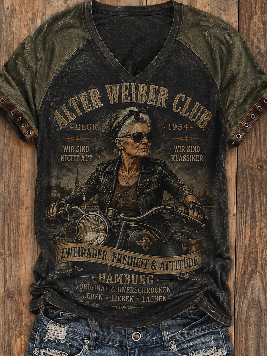 Damen-Vintage-T-Shirt mit Slogan-Print, Raglanärmeln und V-Ausschnitt