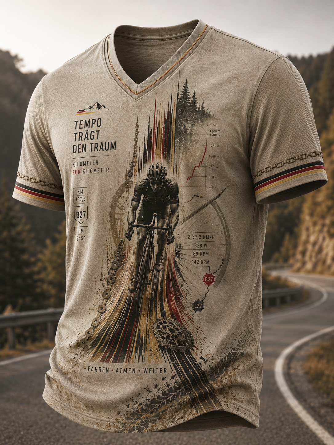 Herren-T-Shirt mit V-Ausschnitt im Stil der deutschen Radfahrerkultur