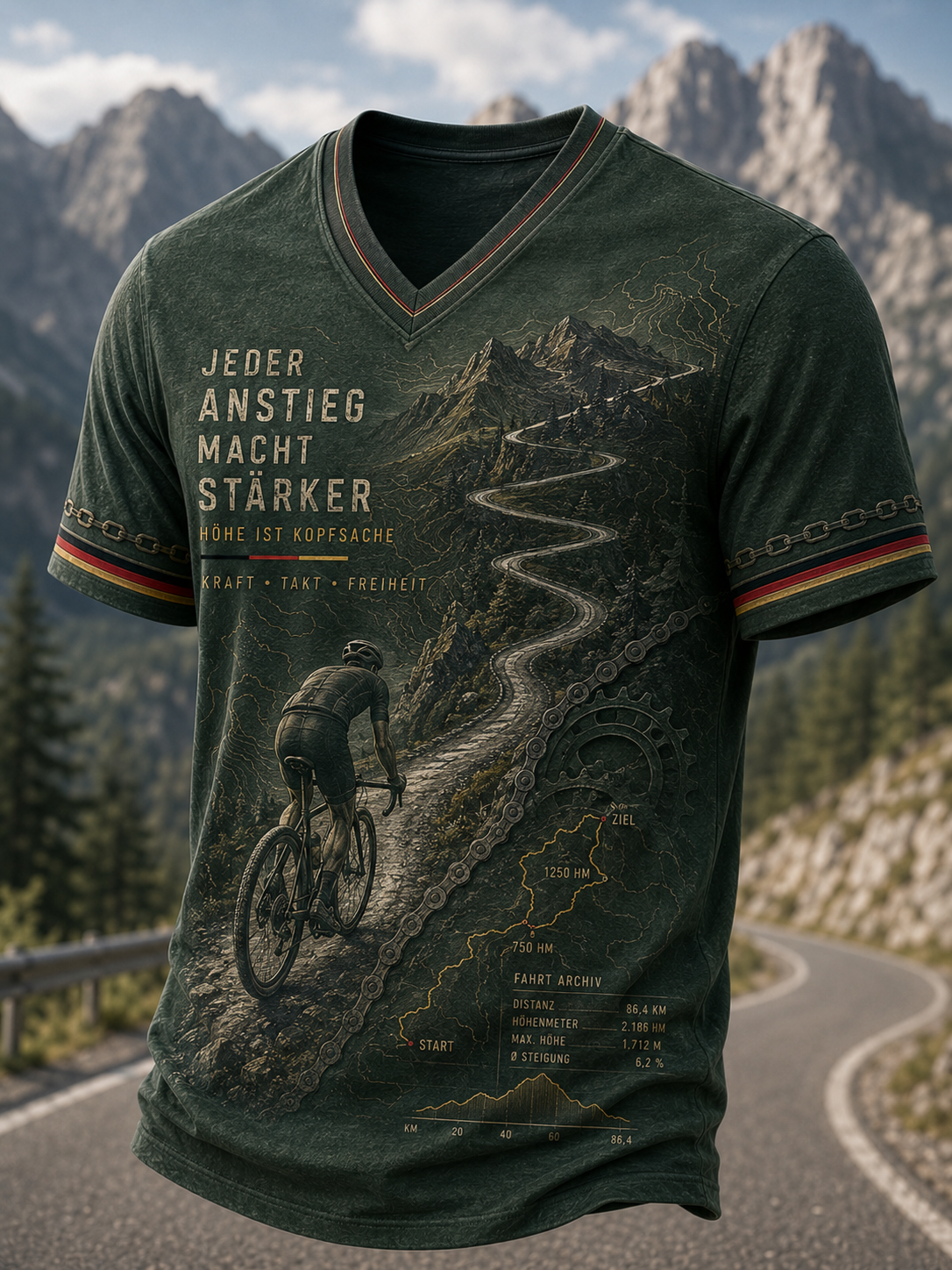 Herren-T-Shirt mit V-Ausschnitt im Stil der deutschen Radfahrerkultur