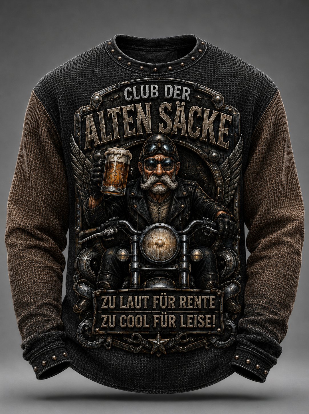 Herren-Waffelpiqué-T-Shirt mit humorvollem Spruch und langen Ärmeln