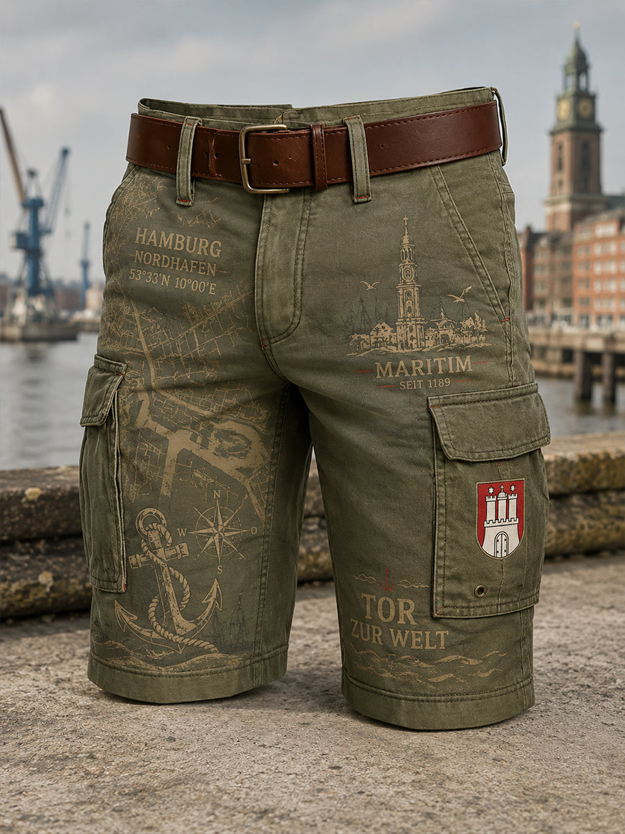 Herren-Kurz-Cargohose im Retro-Stil mit städtischem Grafikdruck