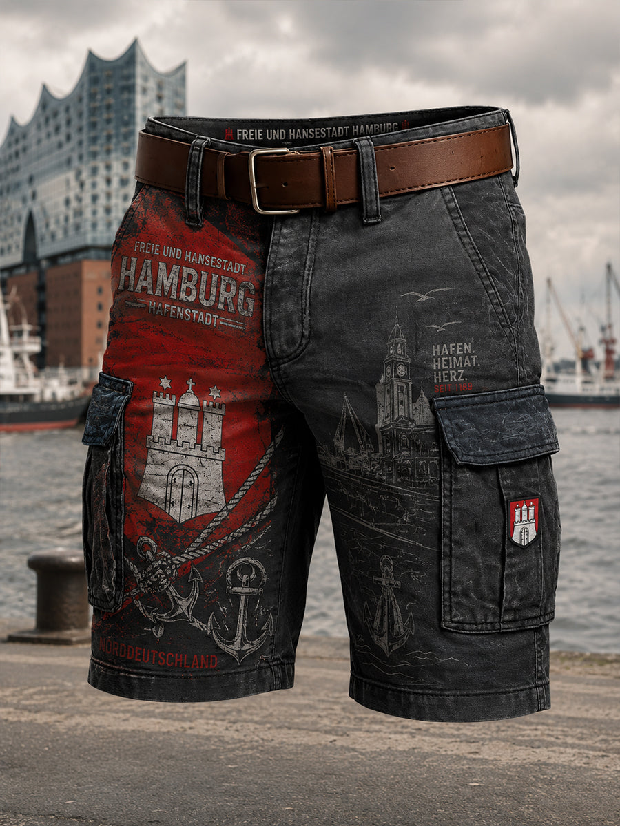 Herren-Kurz-Cargohose im Retro-Stil mit städtischem Grafikdruck