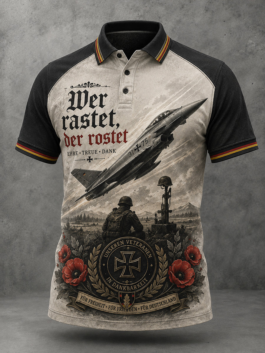 Herren-Poloshirt mit kurzen Ärmeln und grafischem Veteranen-Gedenkdruck