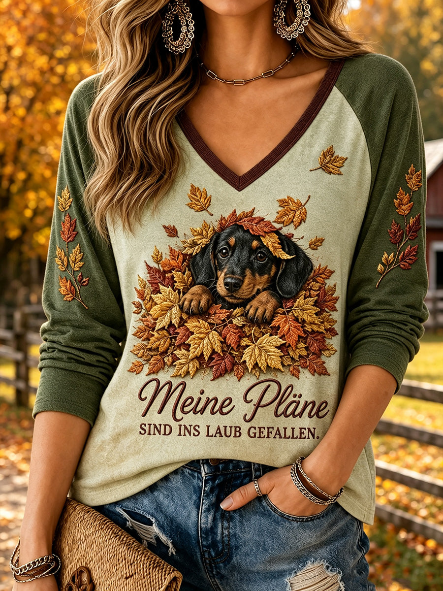 Damen-T-Shirt im Herbstlook mit V-Ausschnitt und langen Ärmeln, bedruckt