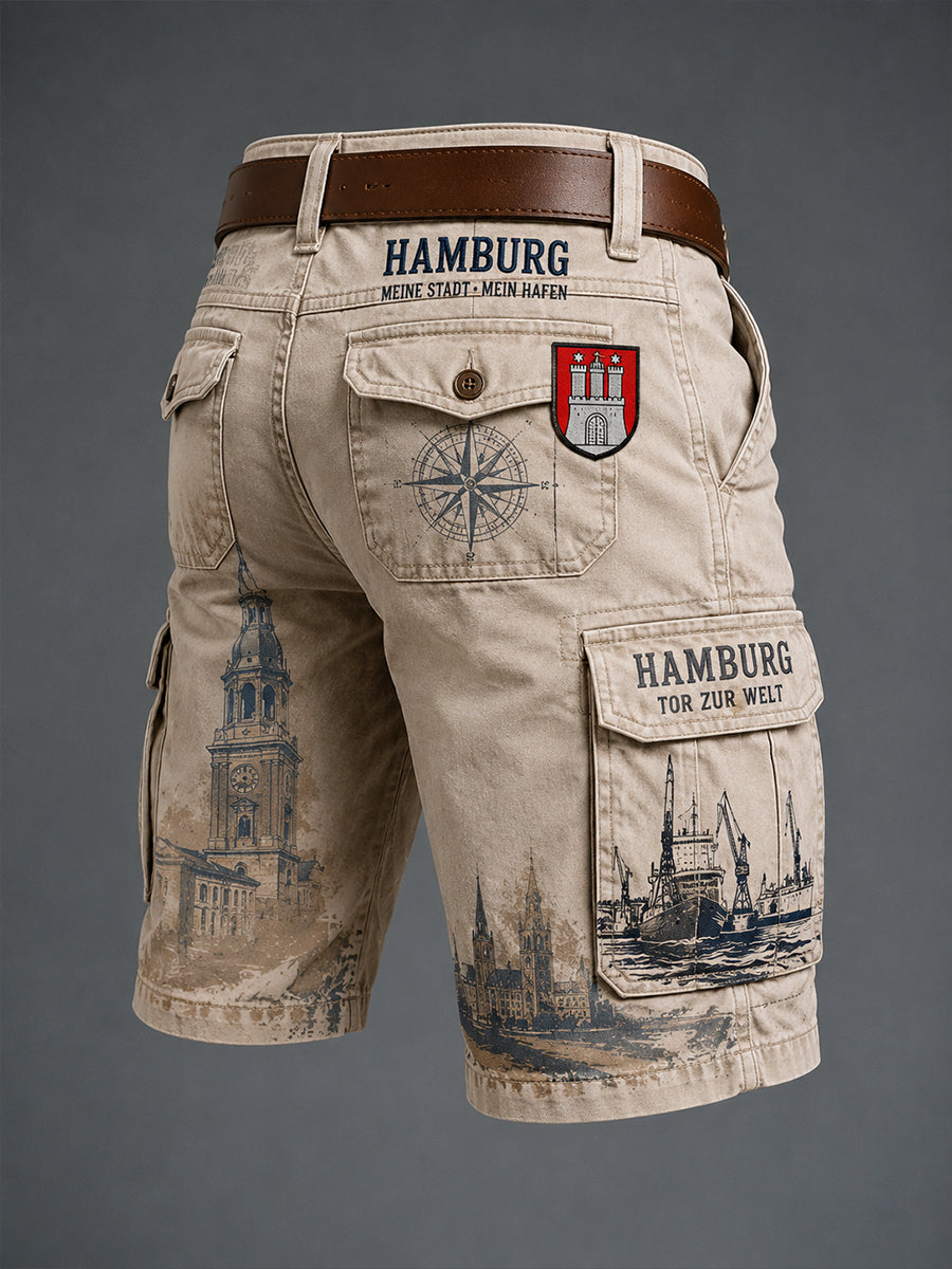 Herren-Kurzhose im Retro-Stil mit städtischem Grafikdruck und Cargotaschen