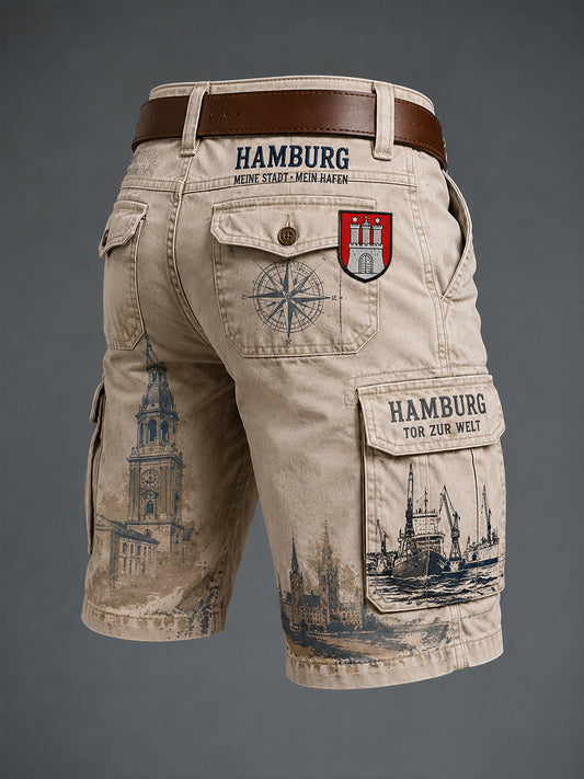 Herren-Kurzhose im Retro-Stil mit städtischem Grafikdruck und Cargotaschen