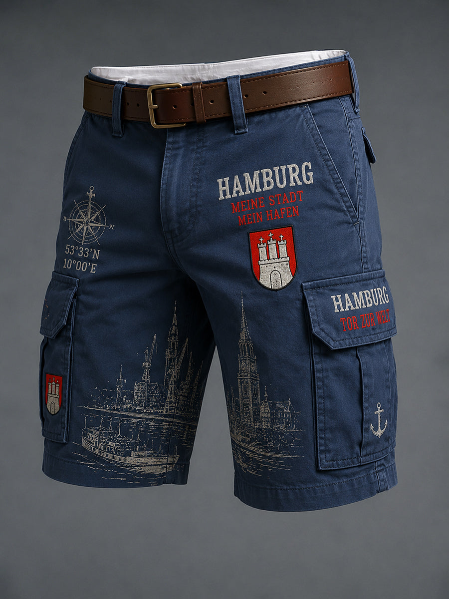 Herren-Kurzhose im Retro-Stil mit städtischem Grafikdruck und Cargotaschen